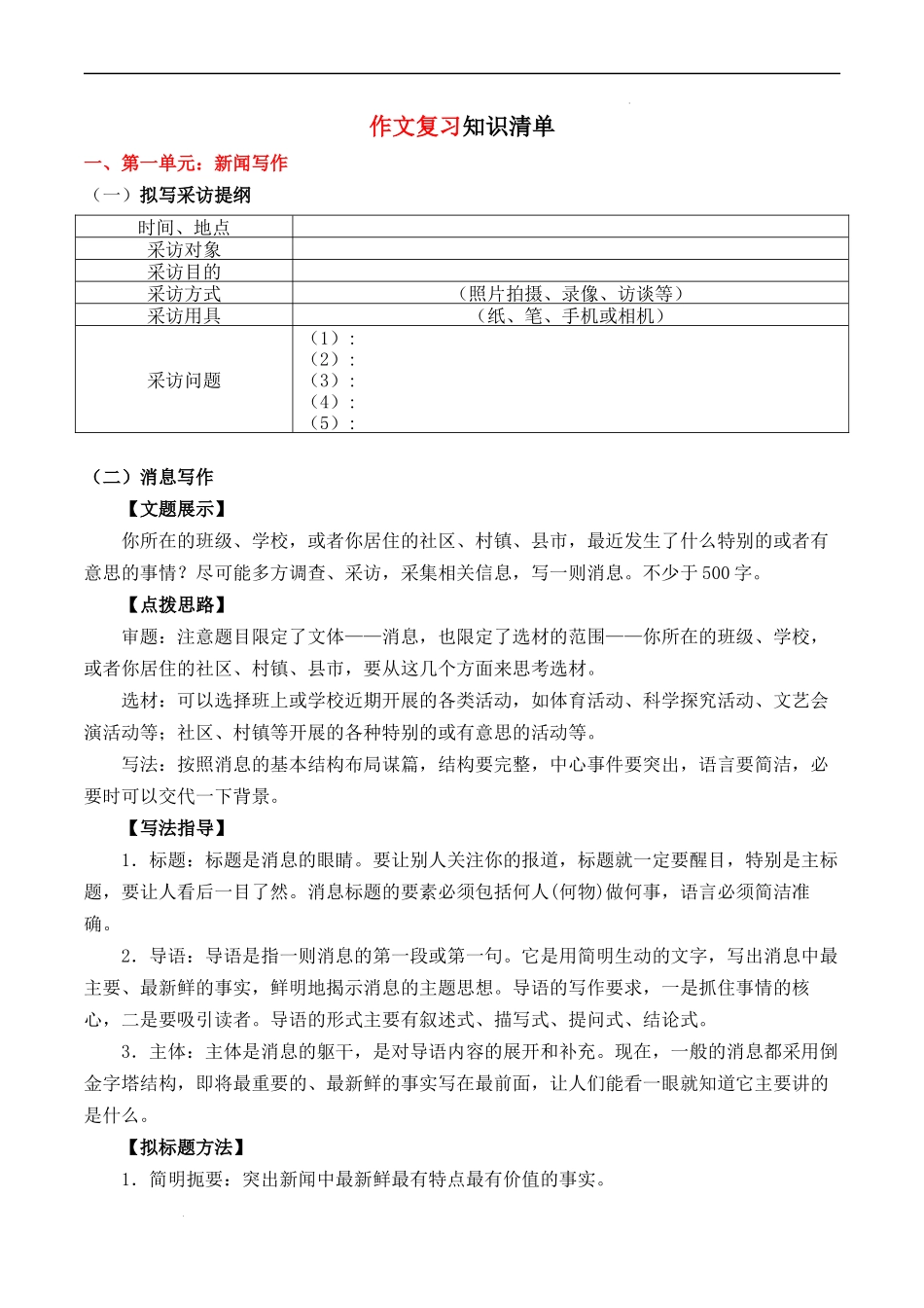 专题07 作文【知识清单】-2023-2024学年八年级语文上学期期中考点大串讲（统编版）.docx_第1页