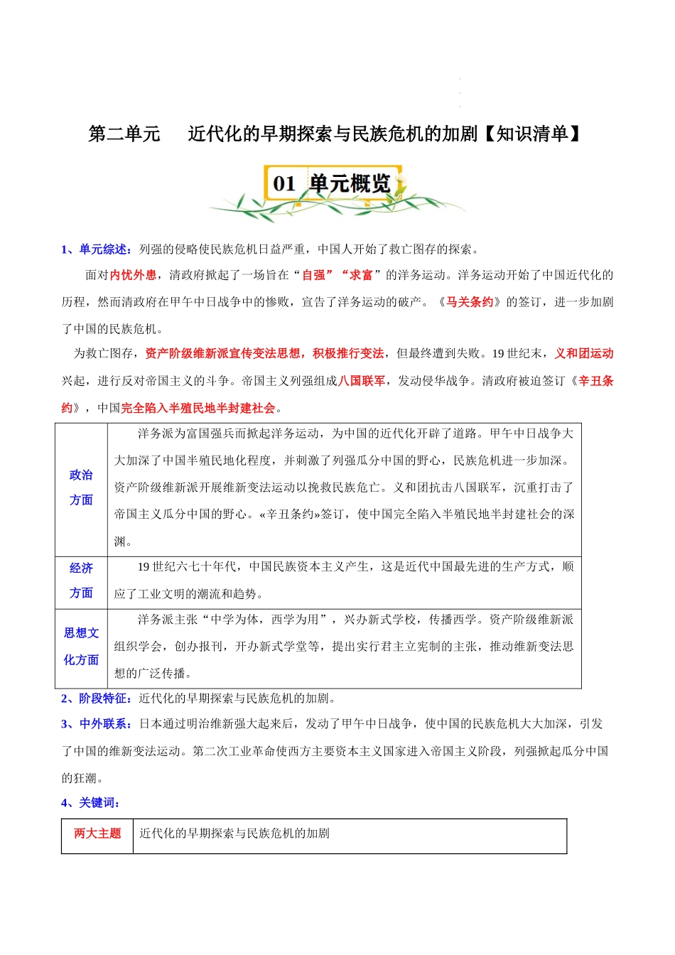 【八年级上册历史】第二单元 近现代化的早期探索与民族危机的加剧【速记清单】.docx_第1页