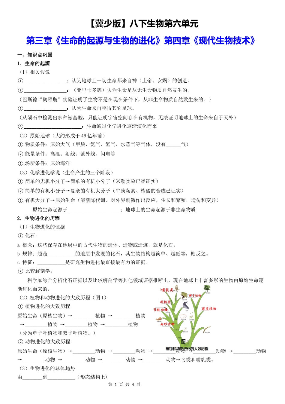 【八年级下册生物冀少版】第六单元 第3章 生命的起源与生物的进化 第4章 现代生物技术.docx_第1页