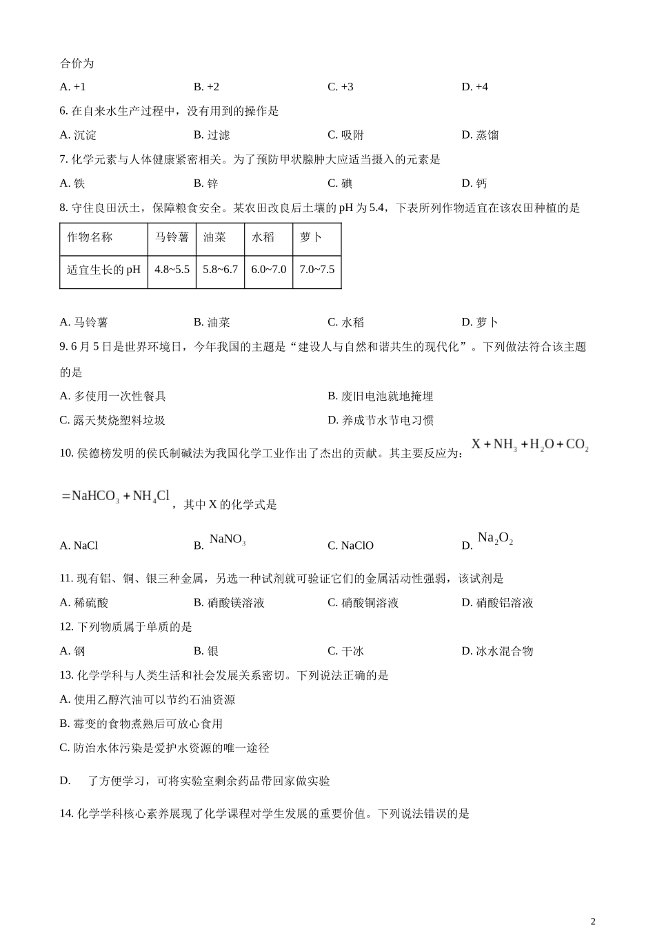 精品解析：2023年辽宁省铁岭市、葫芦岛市中考化学真题（原卷版）.docx_第2页