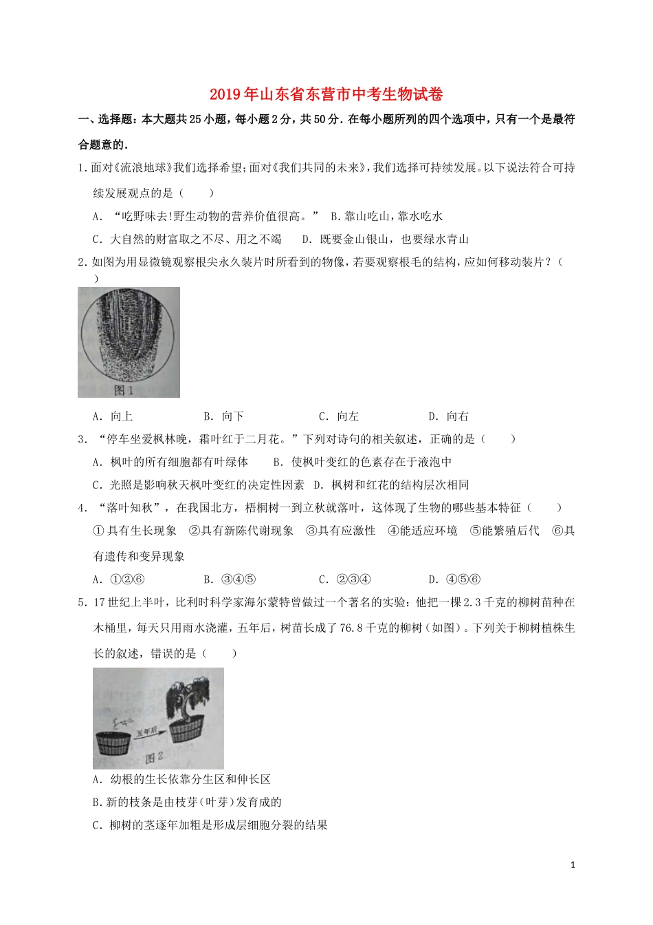 山东省东营市2019年中考生物真题试题.doc_第1页