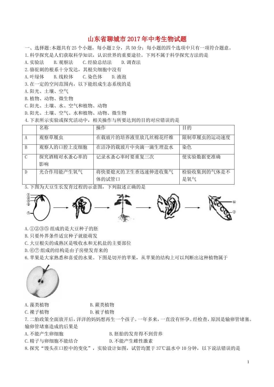 山东省聊城市2017年中考生物真题试题（含答案）.doc_第1页