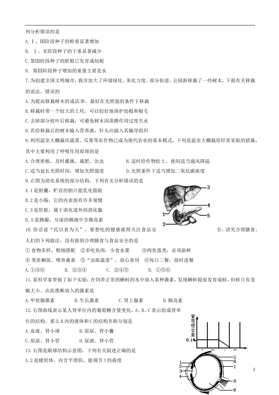 山东省泰安市2015年中考生物真题试题（含扫描答案）.doc_第2页