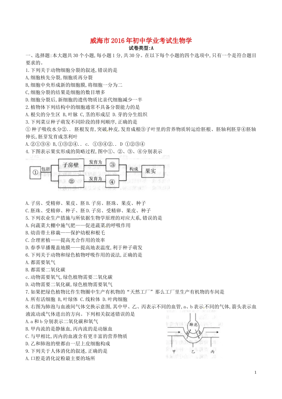 山东省威海市2016年中考生物真题试题（含答案）.doc_第1页