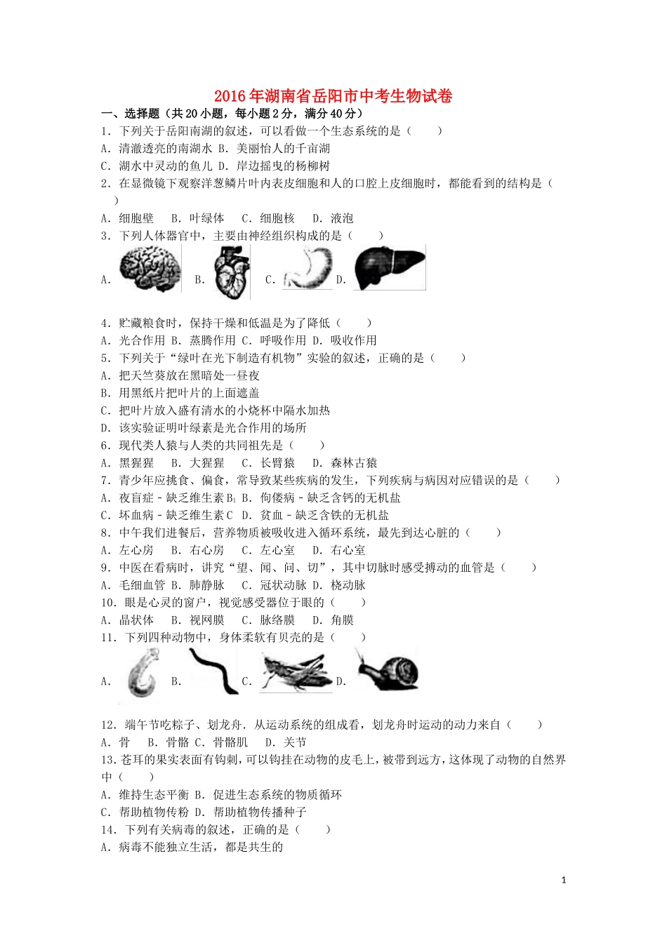 湖南省岳阳市2016年中考生物真题试题（含解析）.doc_第1页