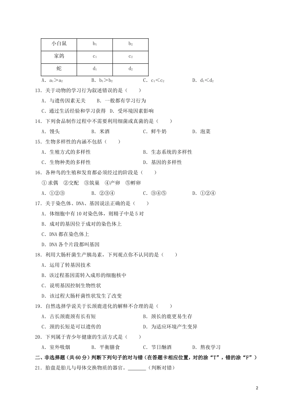 湖南省岳阳市2019年中考生物真题试题.doc_第2页