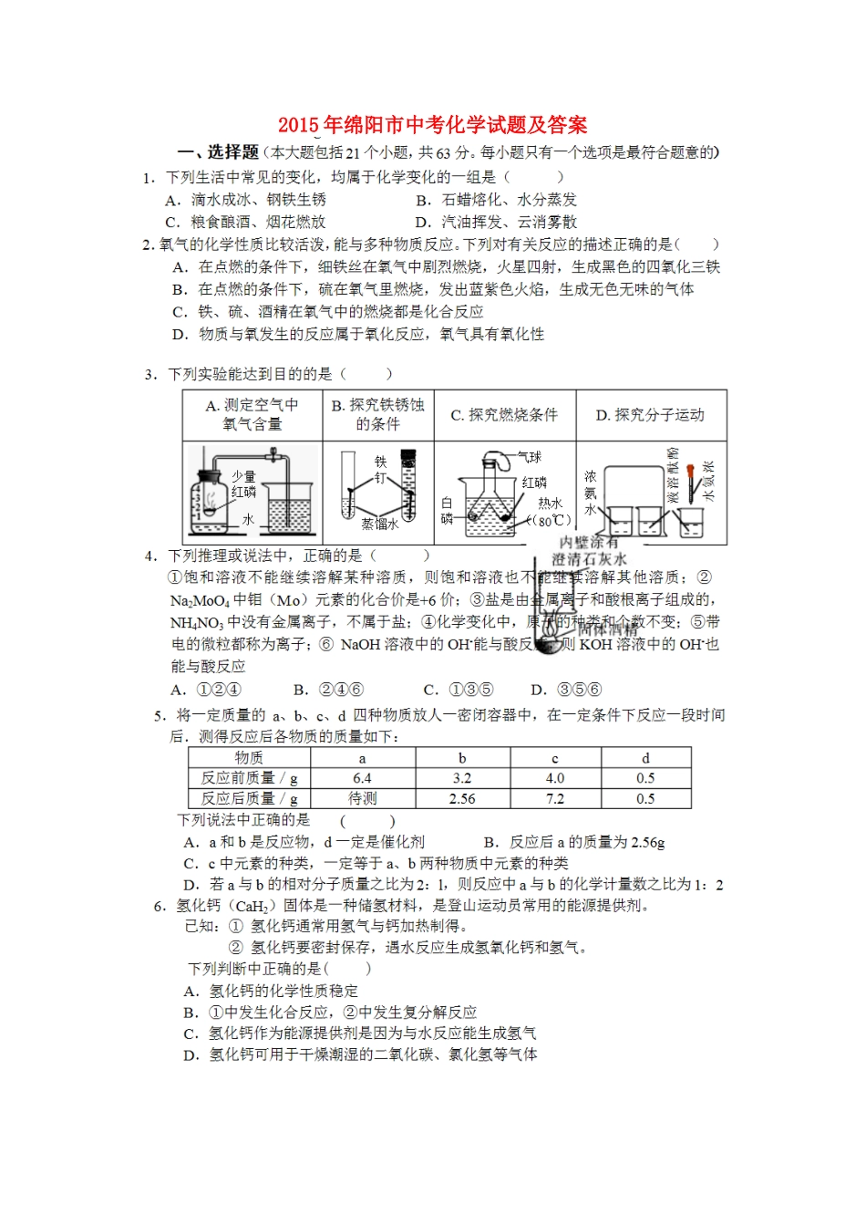 四川省绵阳市2015年中考化学真题试题（扫描版，含答案）.doc_第1页