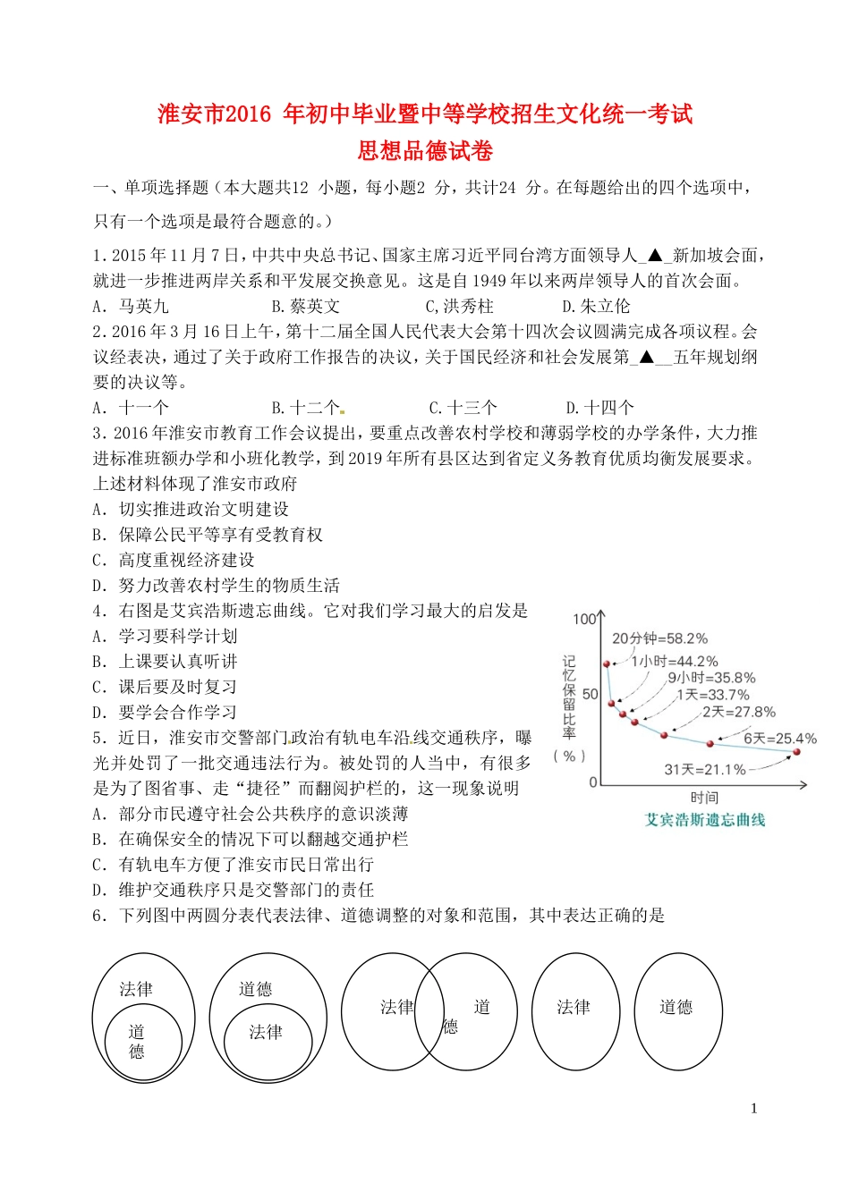 江苏省淮安市2016年中考政治真题试题（含答案）.doc_第1页