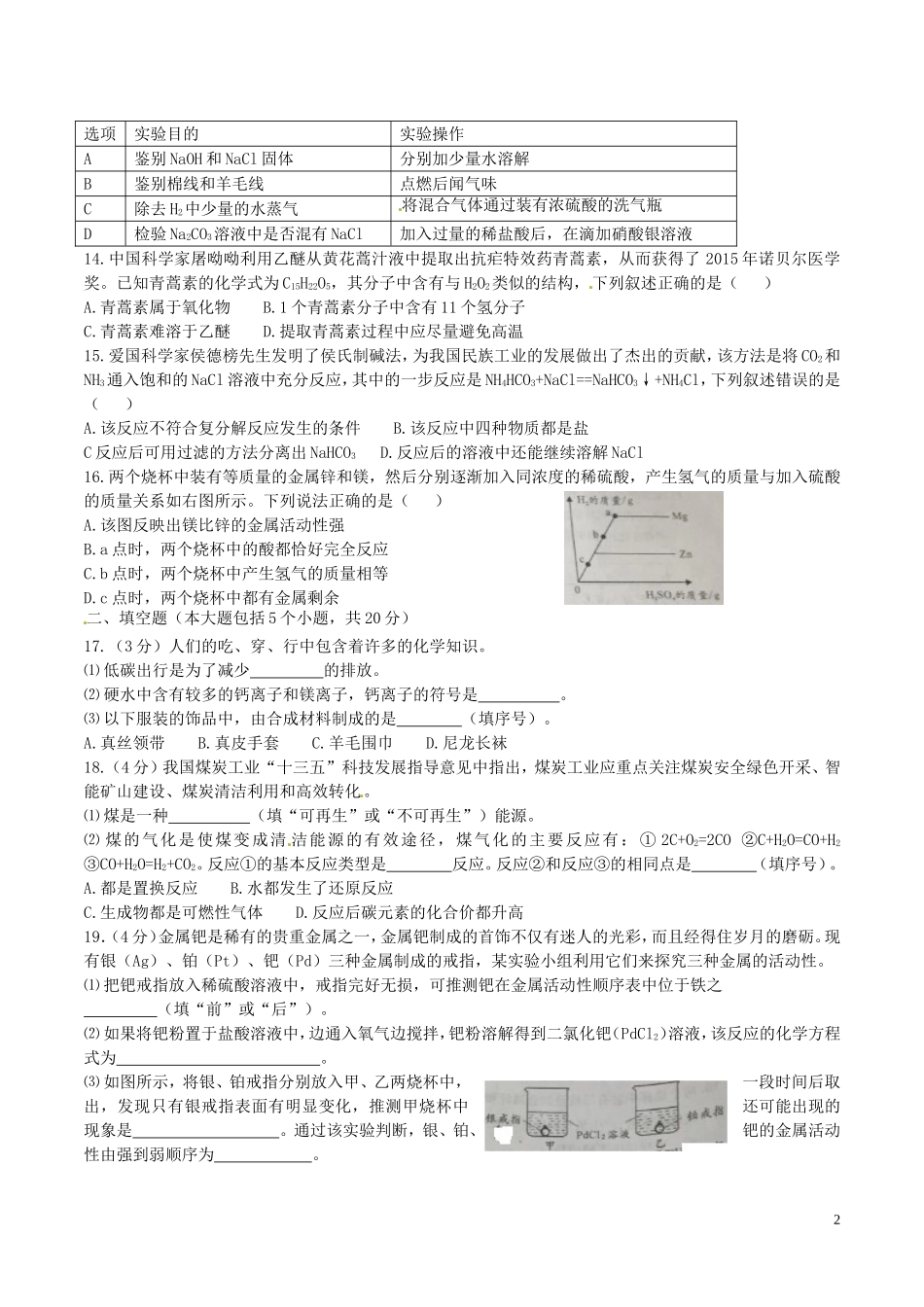 重庆市2016年中考化学真题试题（A卷，含答案）.DOC_第2页