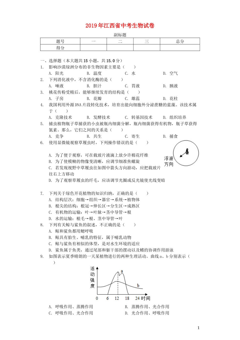 江西省2019年中考生物真题试题（含解析）.docx_第1页