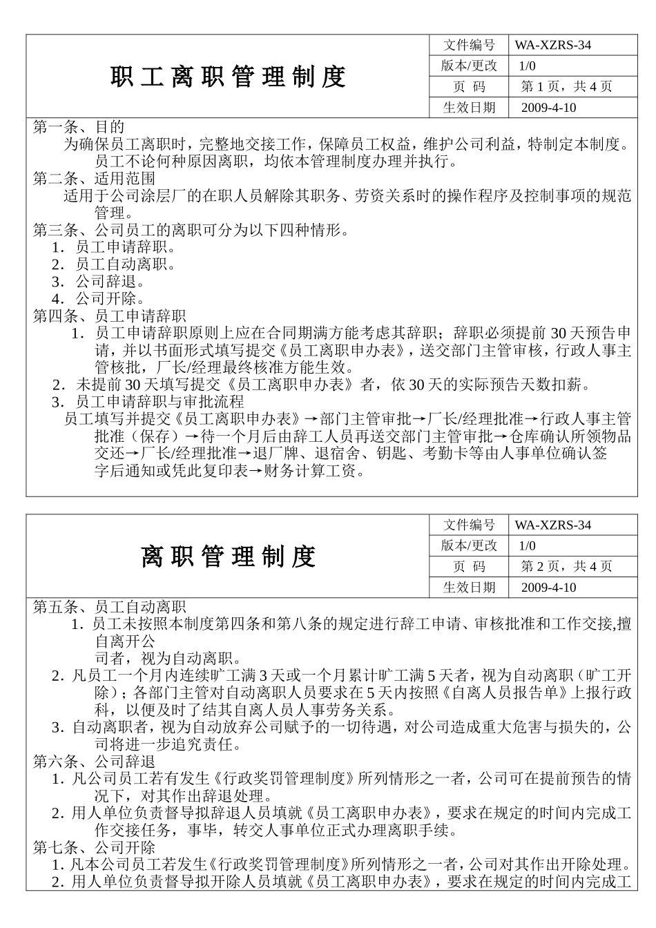 72_企业职工离职管理制度.doc_第1页
