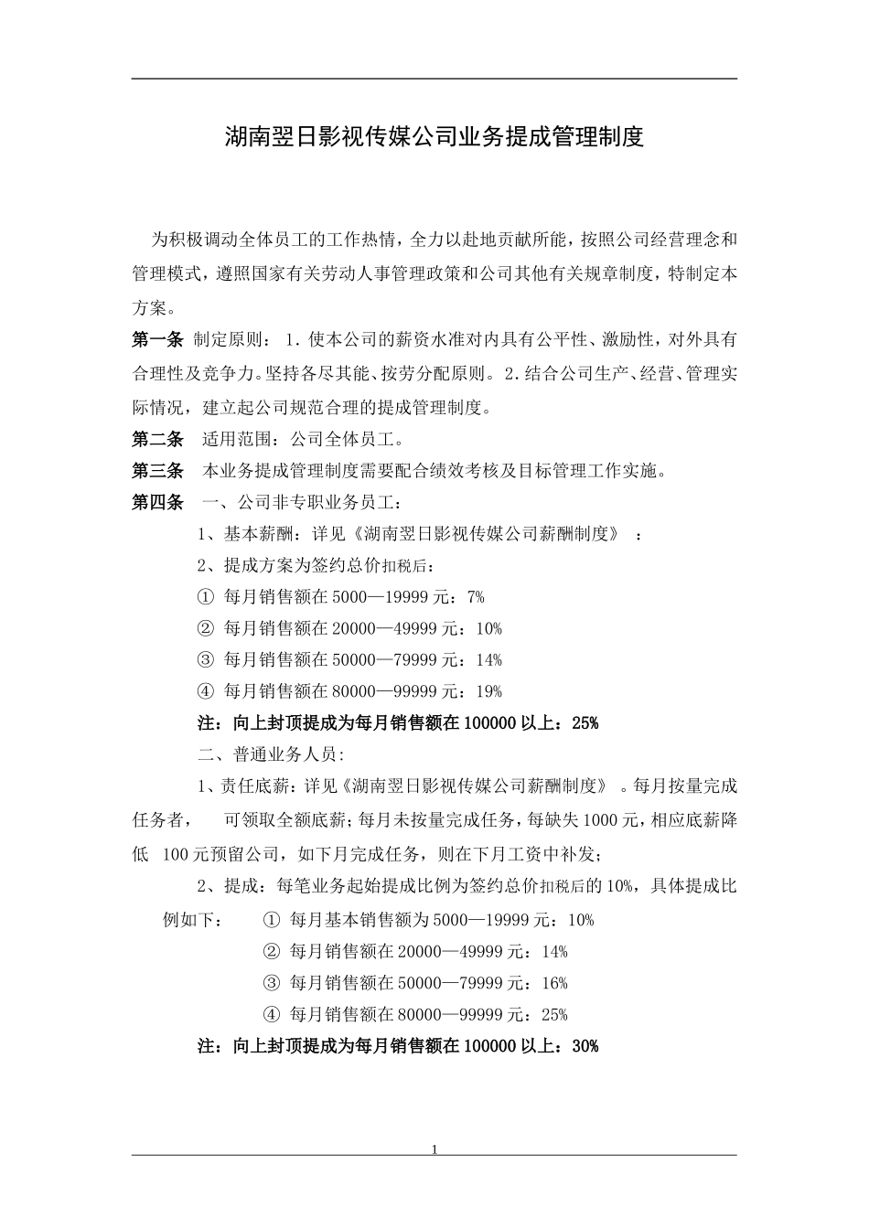 湖南翌日影视传媒公司业务提成管理制度.doc_第1页