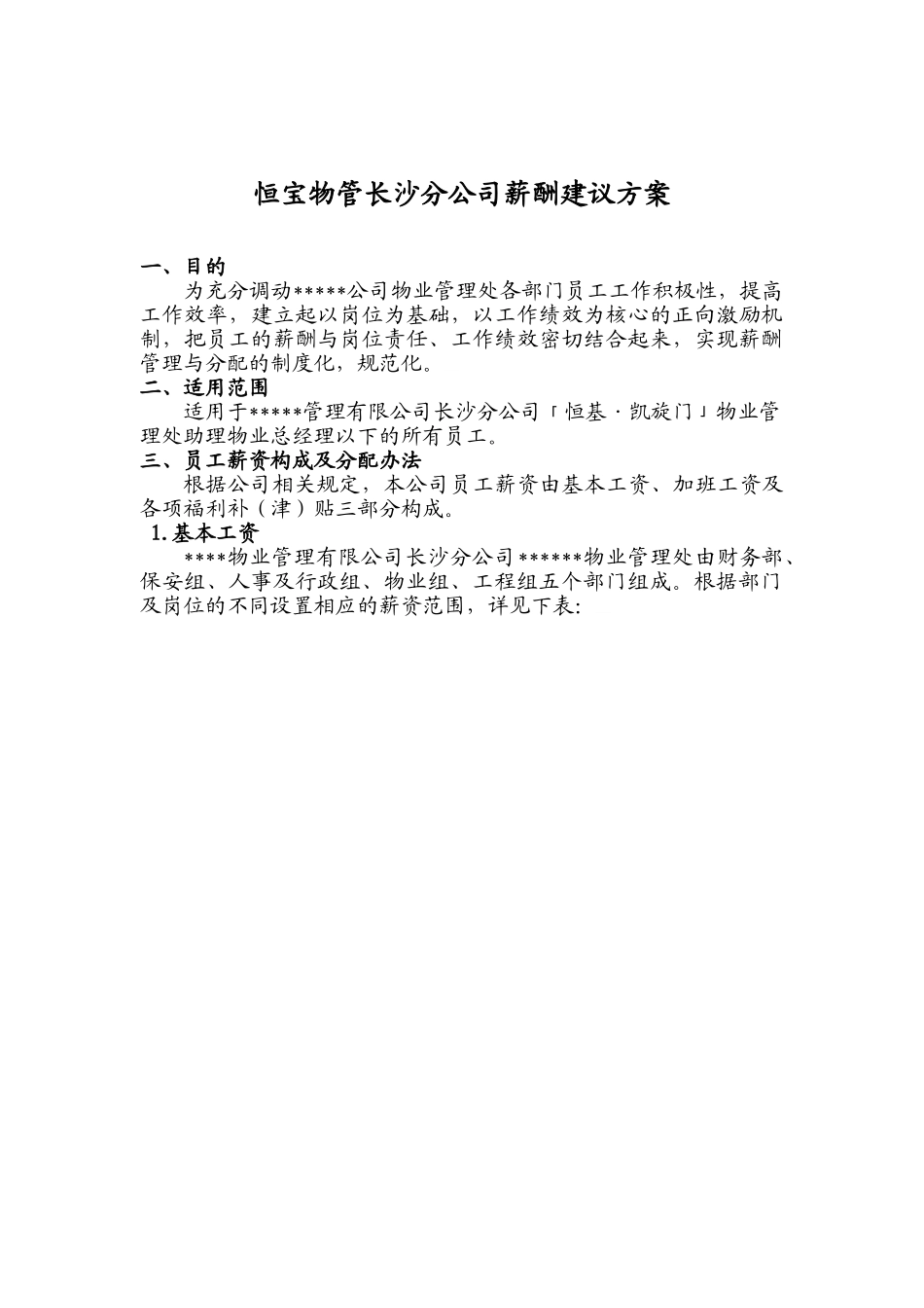 某物管长沙分公司薪酬建议方案.doc_第1页