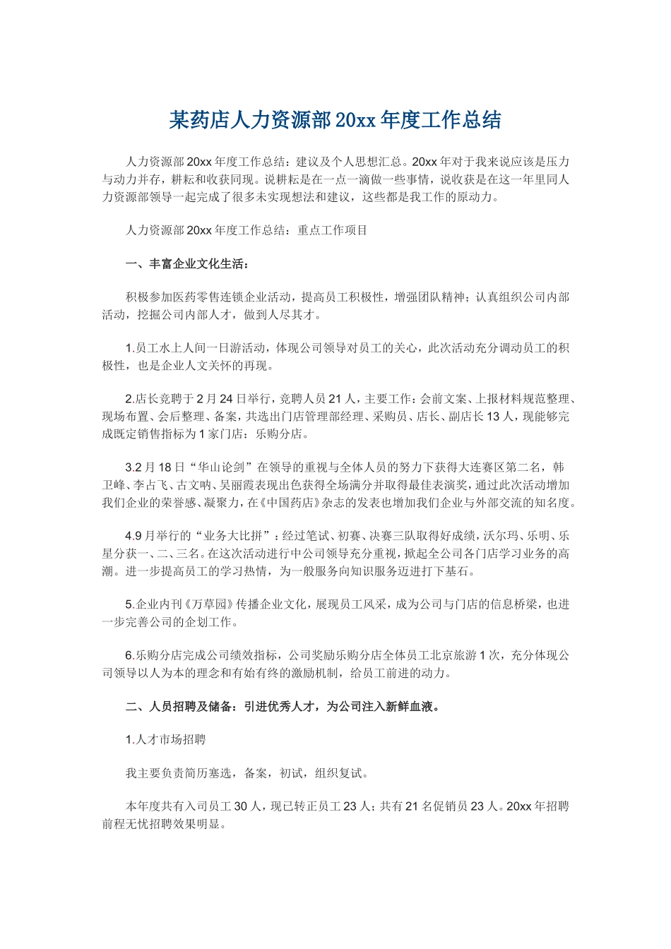 某药店人力资源部20xx年度工作总结 .doc_第1页