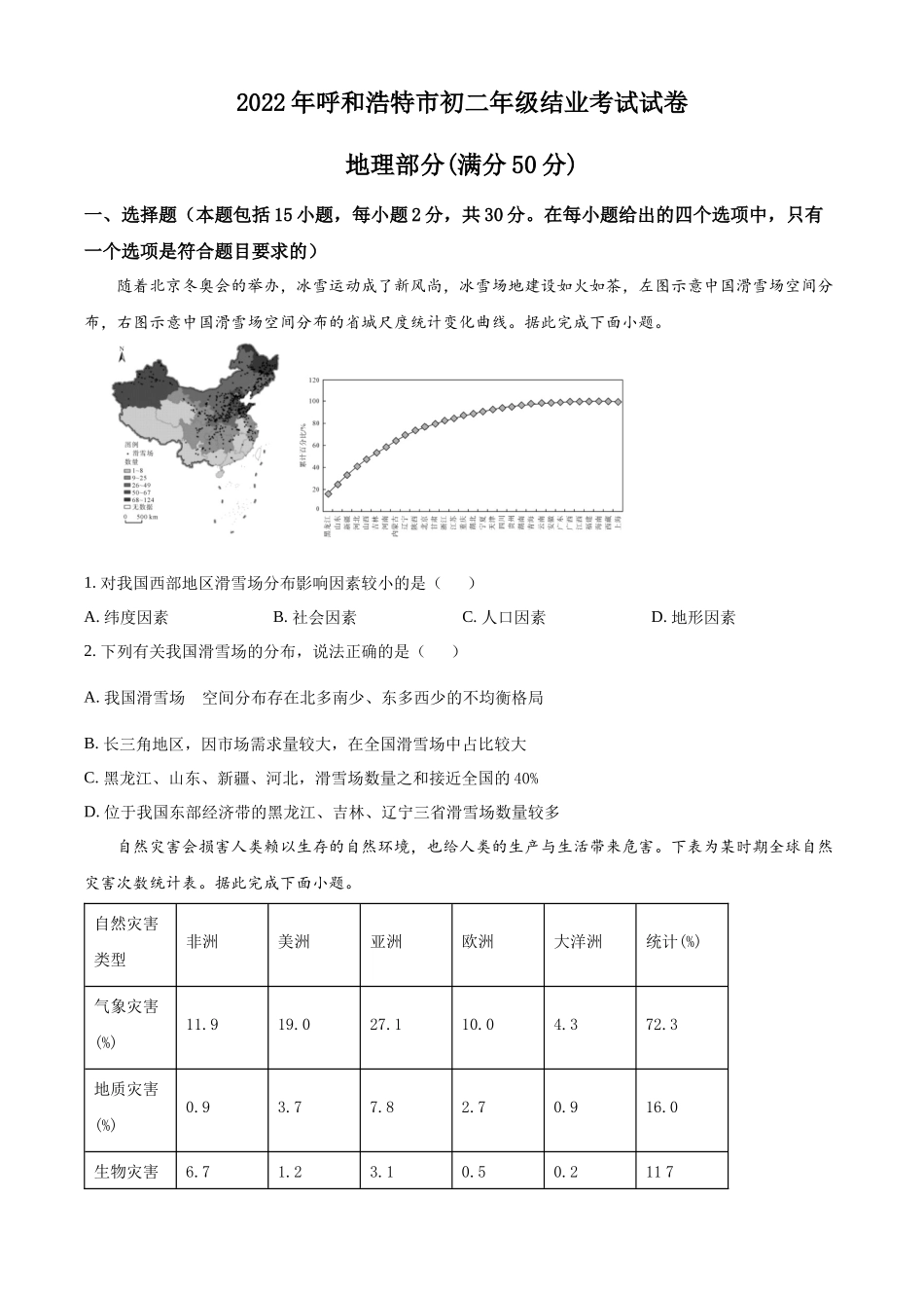 精品解析：2022年内蒙古呼和浩特市中考地理真题（原卷版）.docx_第1页