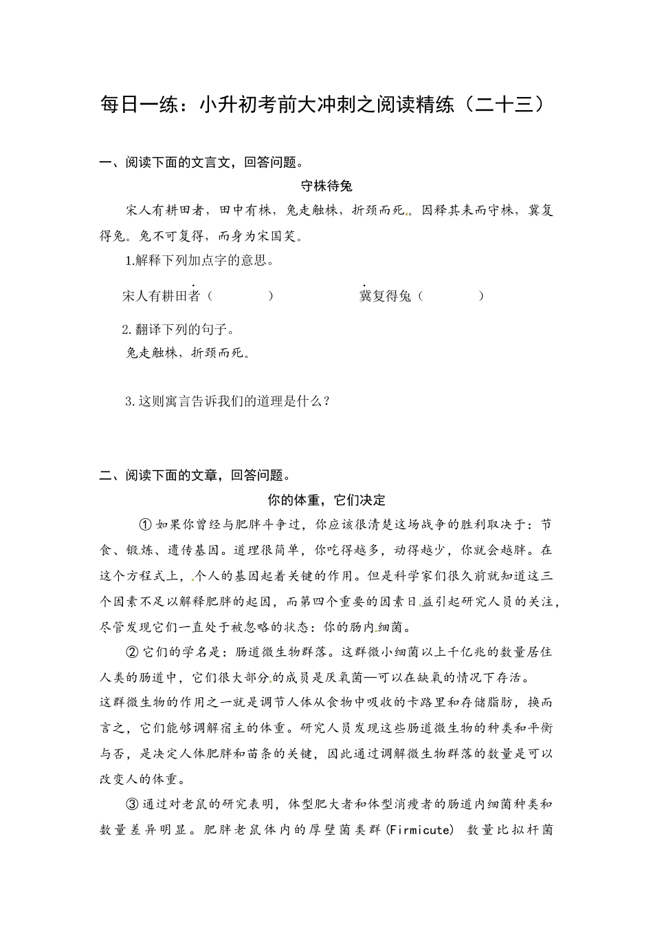 人教部编版小升初语文阅读考前每日一练（二十三）（有答案）.docx_第1页