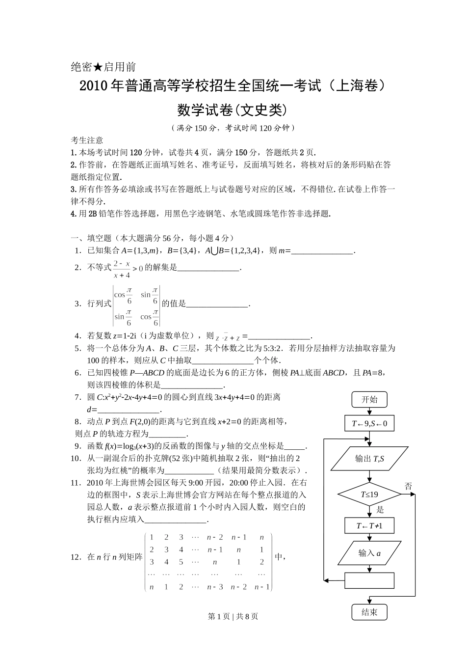 2010年高考数学试卷（文）（上海）（空白卷）.doc_第1页