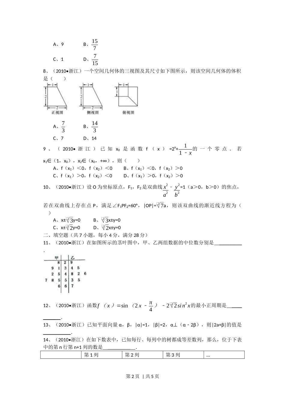 2010年高考数学试卷（文）（浙江）（空白卷）.docx_第2页