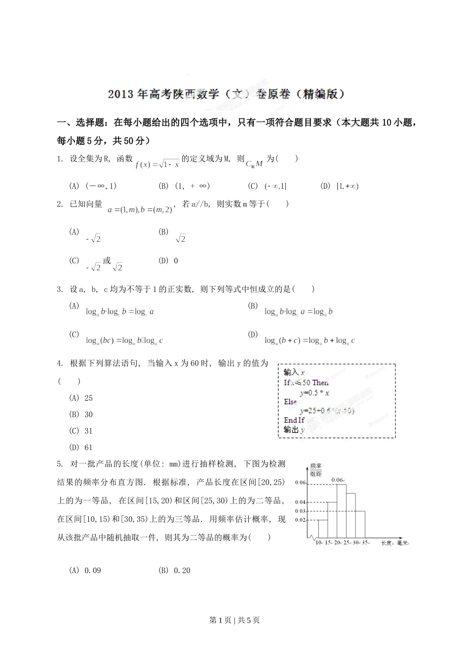 2013年高考数学试卷（文）（陕西）（空白卷）.doc_第1页