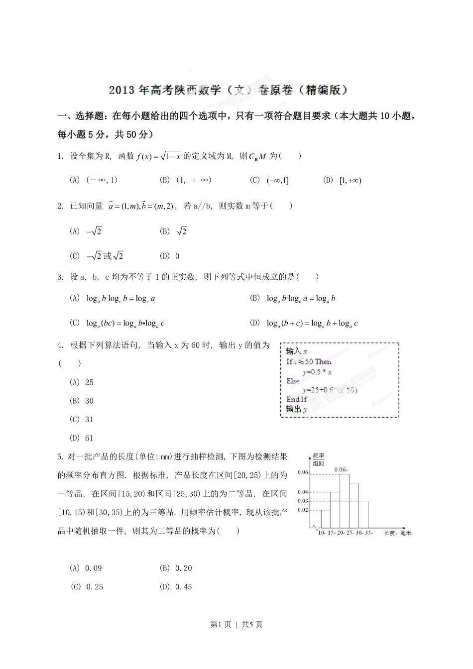 2013年高考数学试卷（文）（陕西）（空白卷）.pdf_第1页