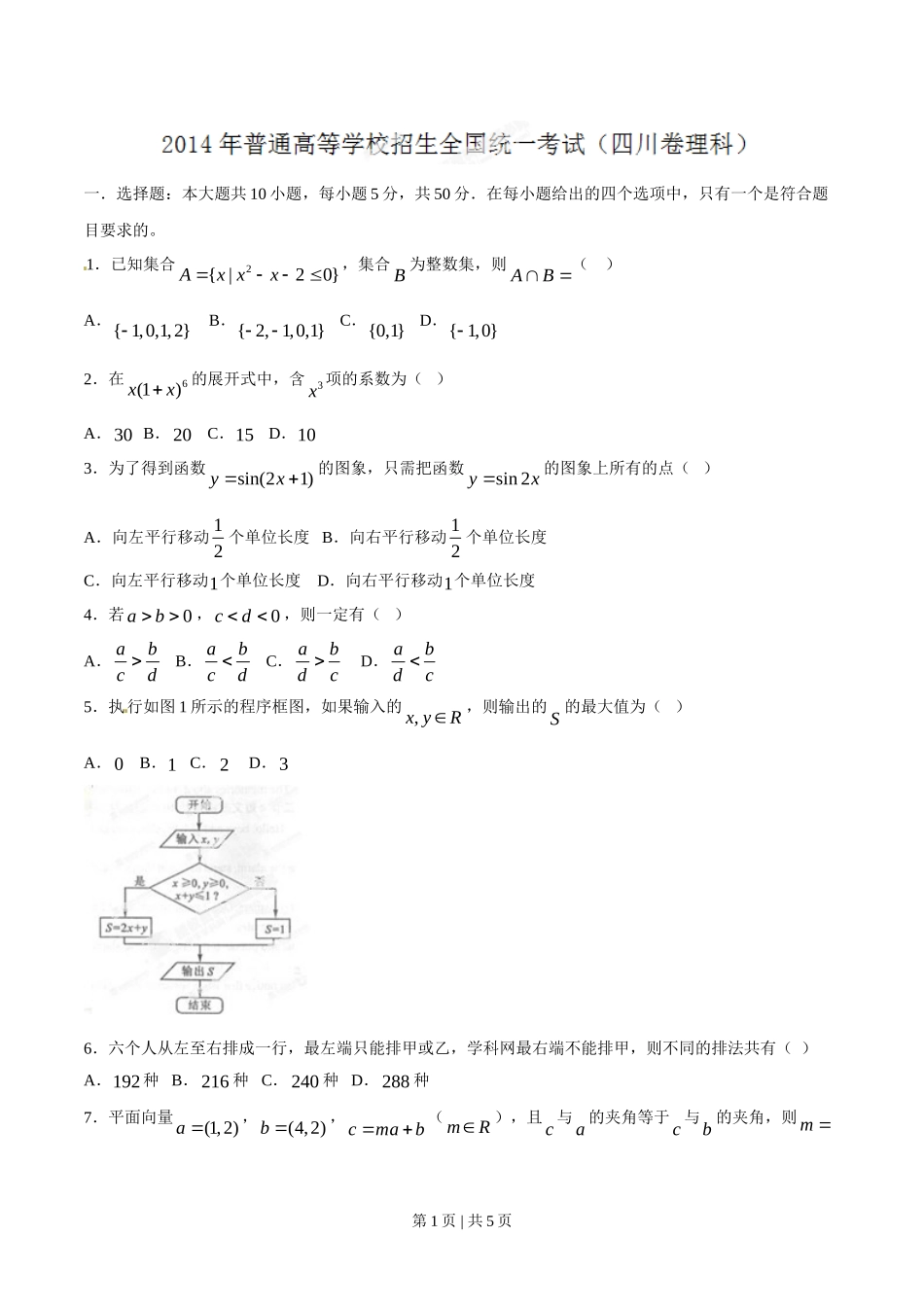 2014年高考数学试卷（理）（四川）（空白卷）.doc_第1页