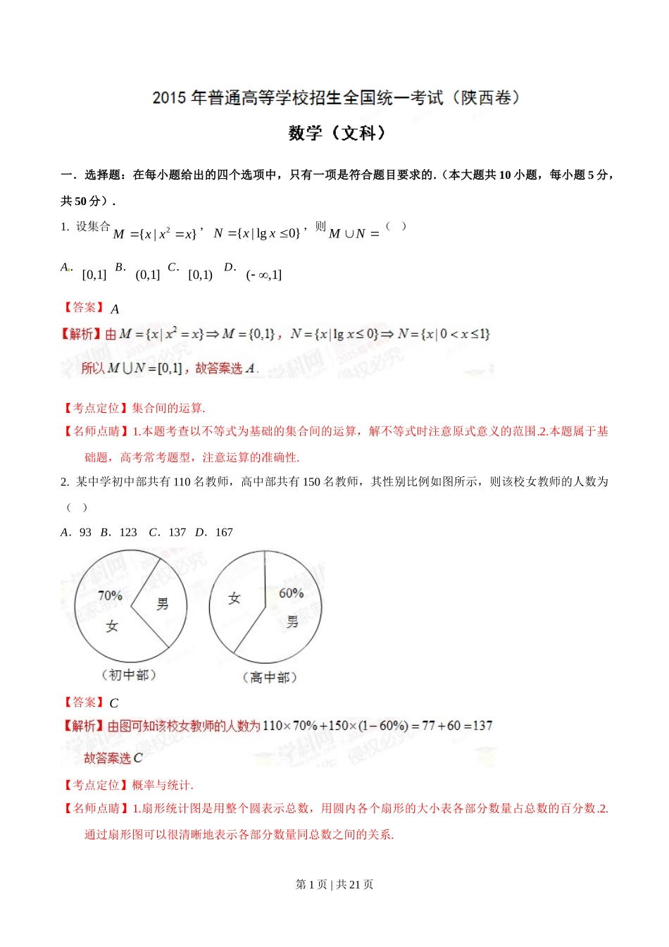 2015年高考数学试卷（文）（陕西）（解析卷）.doc_第1页