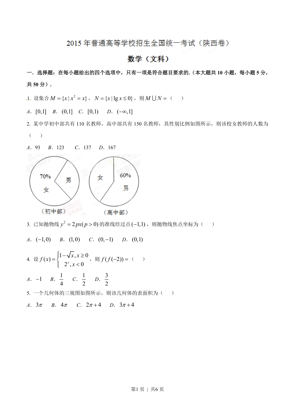 2015年高考数学试卷（文）（陕西）（空白卷）.pdf_第1页