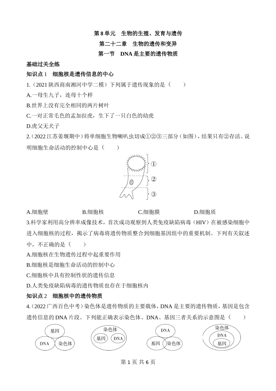 【八年级下册生物苏教版】8.22.1 DNA是主要的遗传物质 同步练习.docx_第1页