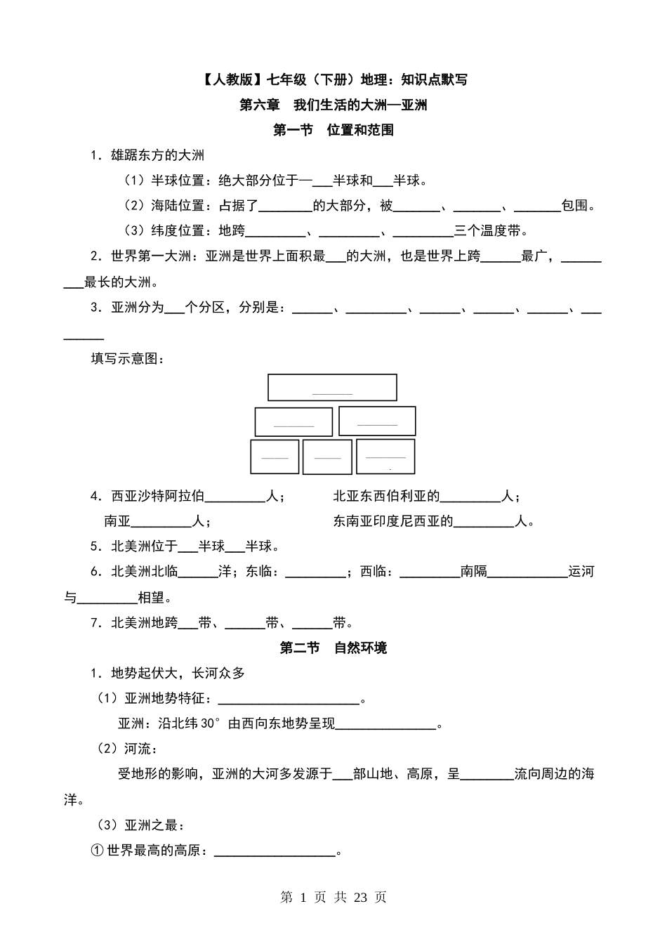 【七年级下册地理人教版】知识点默写+答案.docx_第1页