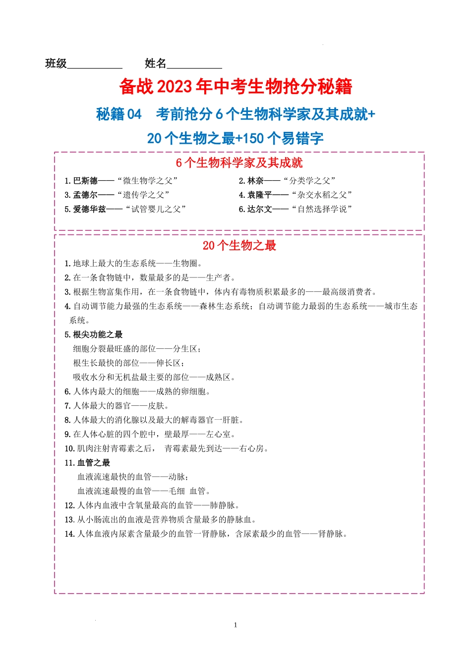 【中考生物】秘籍04 考前抢分6个生物科学家及其成就+20个生物之最+150个易错字.docx_第1页