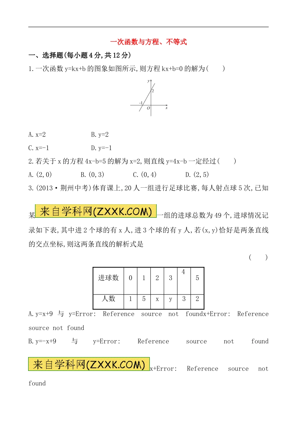 （人教版）八年级数学下册《一次函数与方程、不等式》基础测试卷及答案.doc_第1页