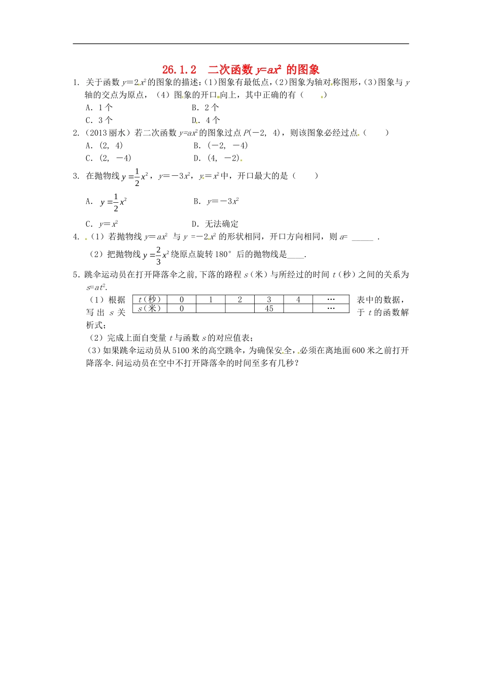 26.1.2 二次函数y=ax2的图象同步练习 新人教版.doc_第1页