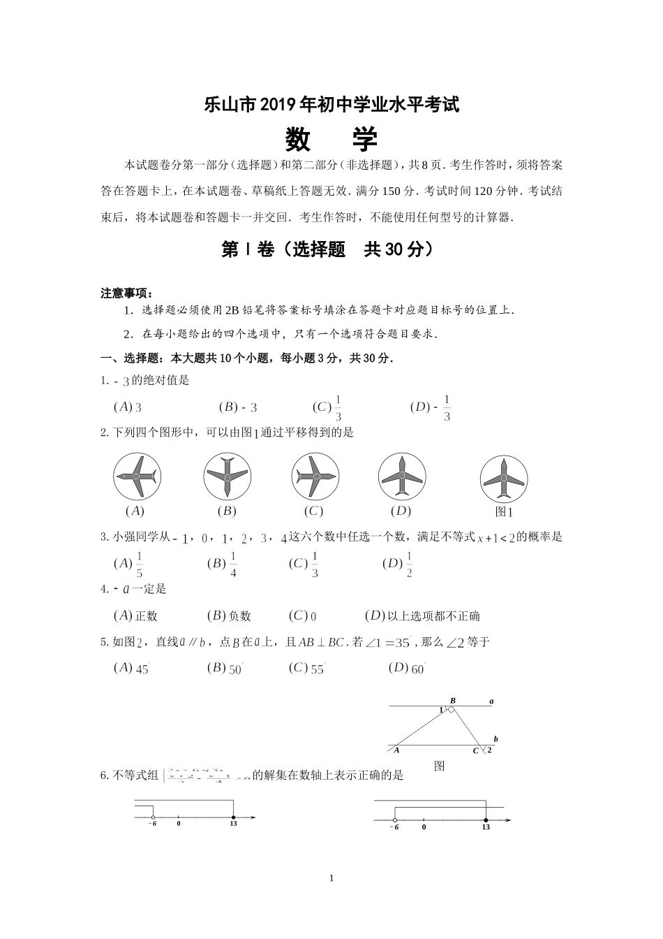 2019四川省乐山市初中学业水平考试数学试题(含答案）.doc_第1页