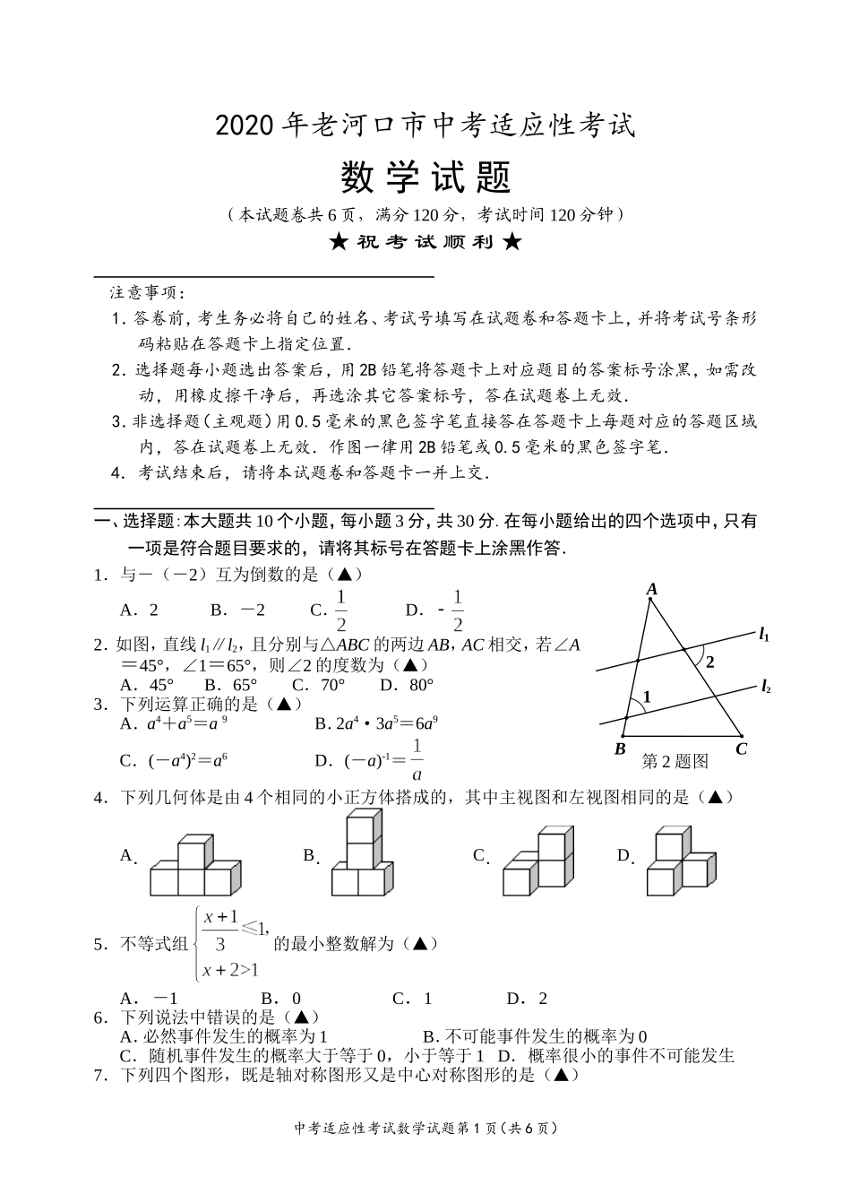 老河口2020年中考适应性考试 数学试题.doc_第1页