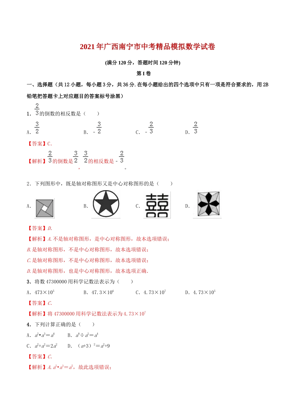 专题09（广西南宁市专用）（解析版）-2021年31个地区中考数学精品模拟试卷.docx_第1页