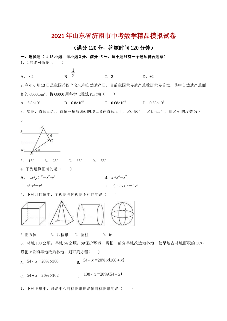 专题24（山东省济南市专用）（原卷版）-2021年31个地区中考数学精品模拟试卷.docx_第1页