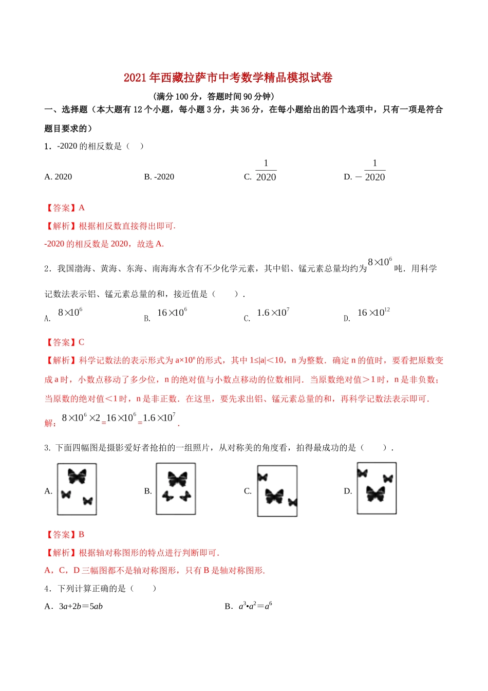 专题28（西藏拉萨市专用）（解析版）-2021年31个地区中考数学精品模拟试卷.docx_第1页