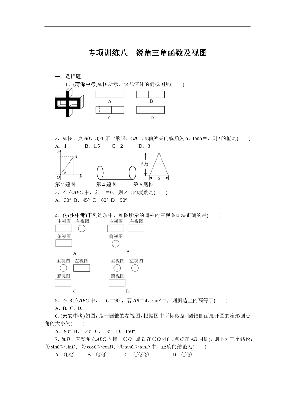 专项训练8　锐角三角函数及视图.doc_第1页