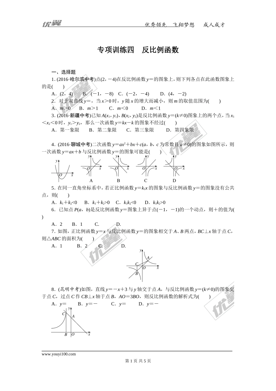 专项训练四　反比例函数.doc_第1页