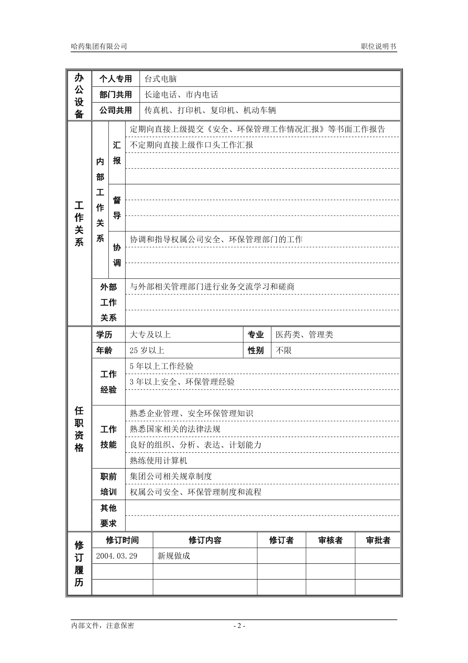 4经营协调部_安全环保主管_职位说明书.pdf_第2页