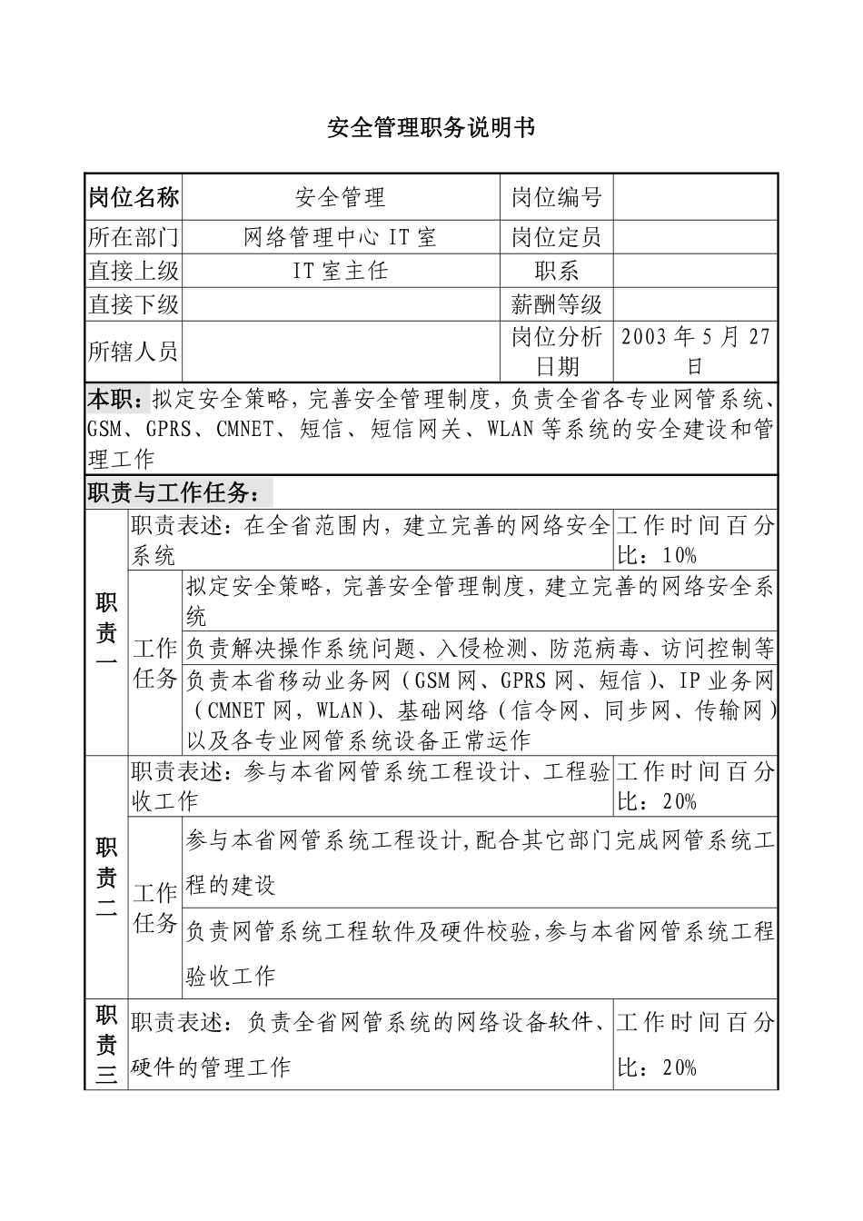 材料行业-网络管理中心IT室-安全管理岗位说明书.pdf_第1页