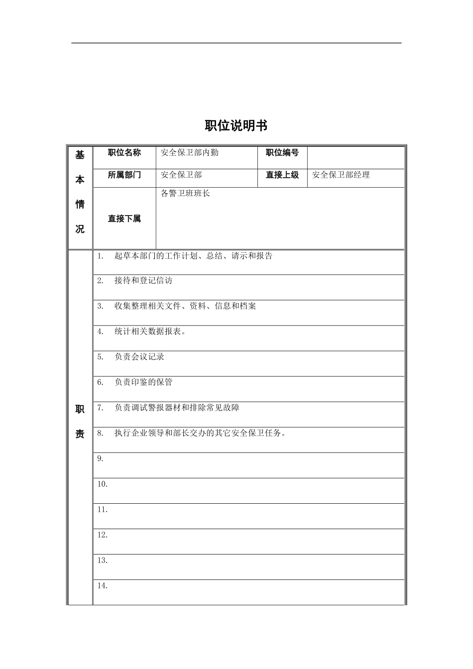 江动股份-安全保卫内勤职位说明书.pdf_第1页