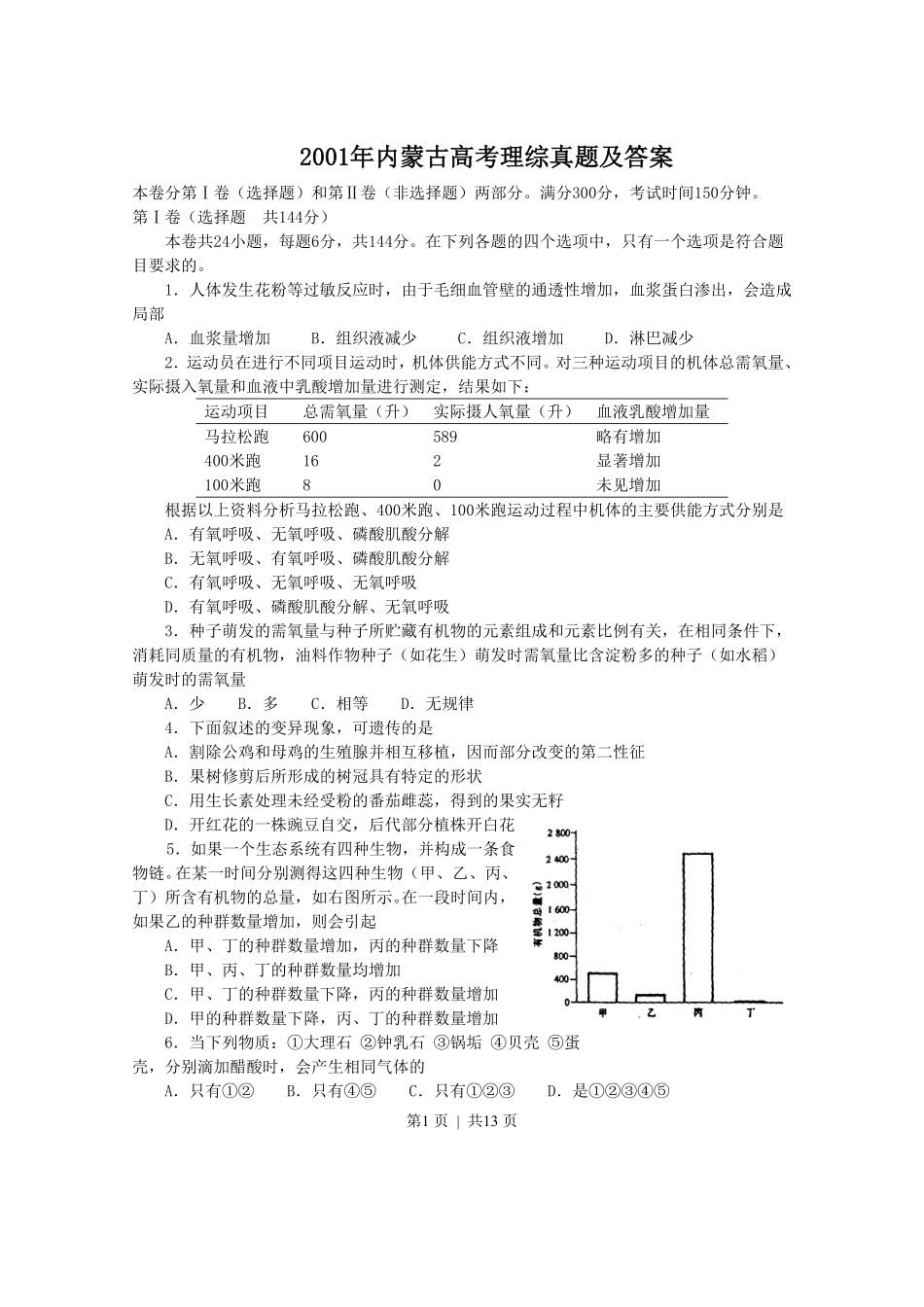2001年内蒙古高考理综真题及答案.pdf_第1页