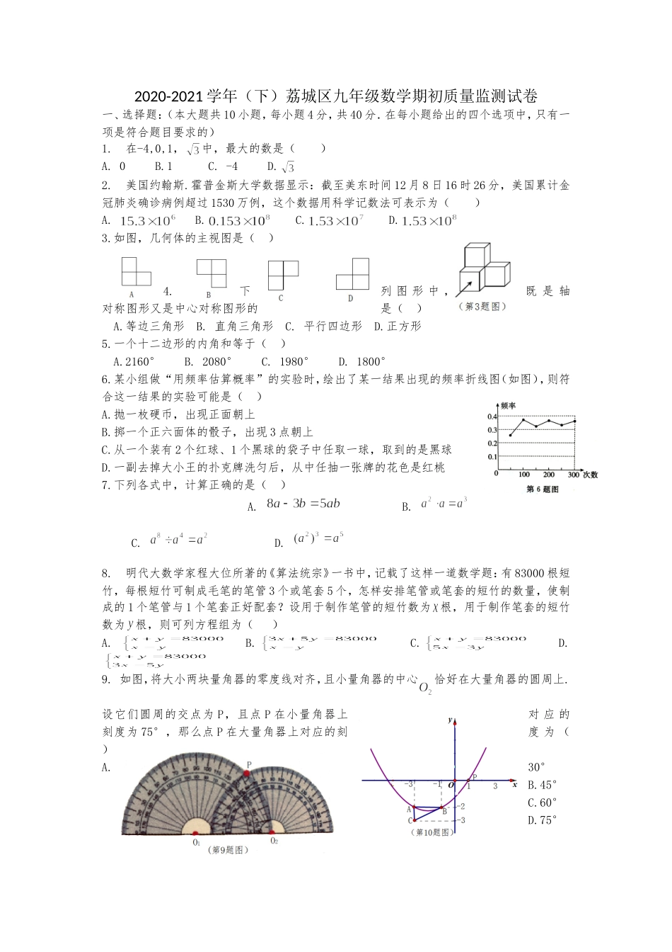 福建省2020-2021莆田市荔城区九下数学期初质量监测试卷.doc_第1页
