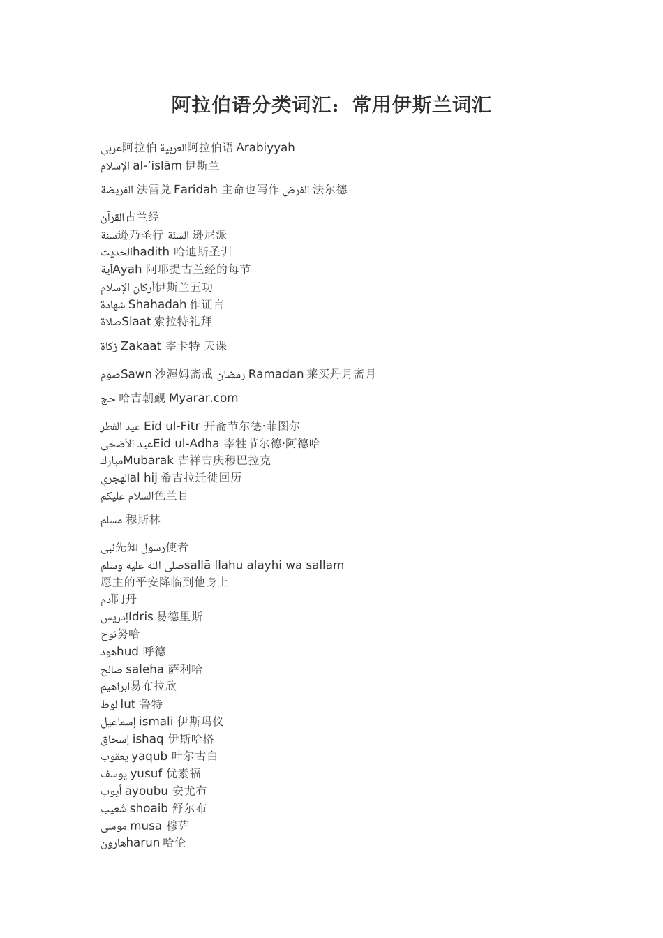 阿拉伯语词汇：常用伊斯兰词汇.doc_第1页