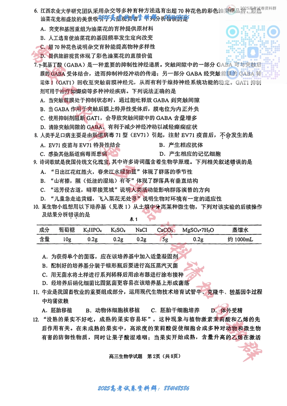 2025届江门市高三上学期10月调研测试生物试卷+答案 (1).pdf_第2页