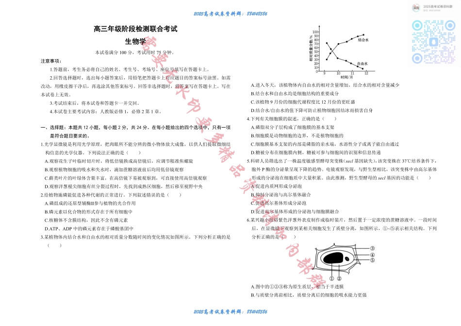 湖南省部分学校2024-2025学年高三上学期10月阶段检测联合考试生物试题+答案.pdf_第1页