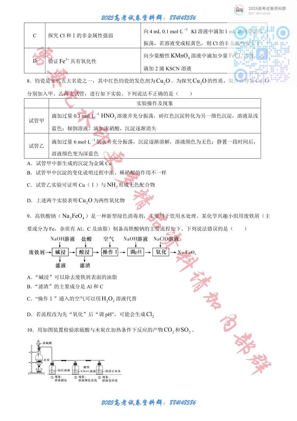 湖南省长沙市雅礼中学2025届高三上学期月考（二）化学试题+答案.pdf_第3页