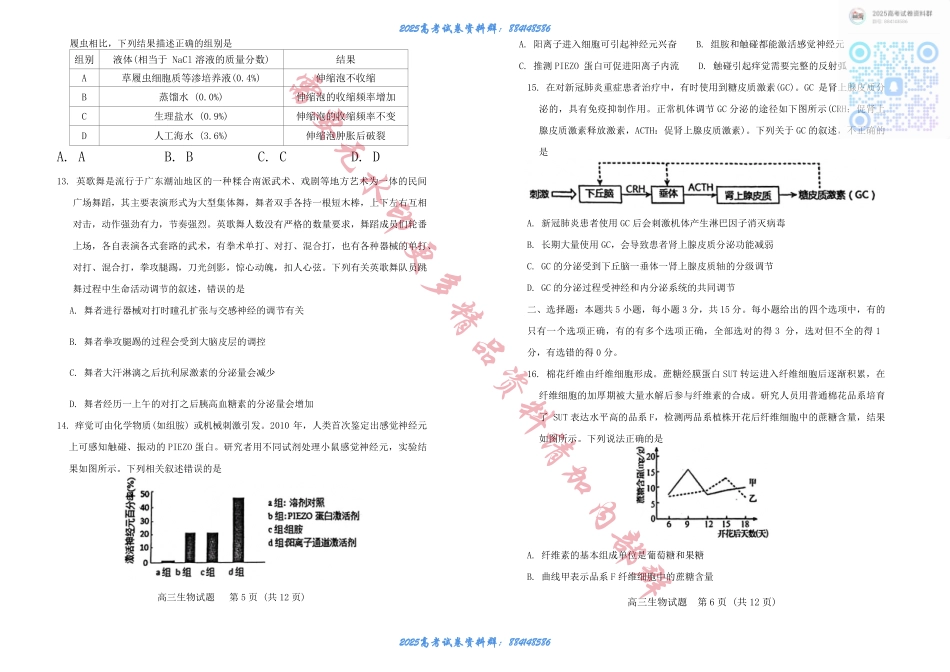 山东省泰安市肥城市2024-2025学年高三上学期开学考试 生物试题+答案 (1).pdf_第3页