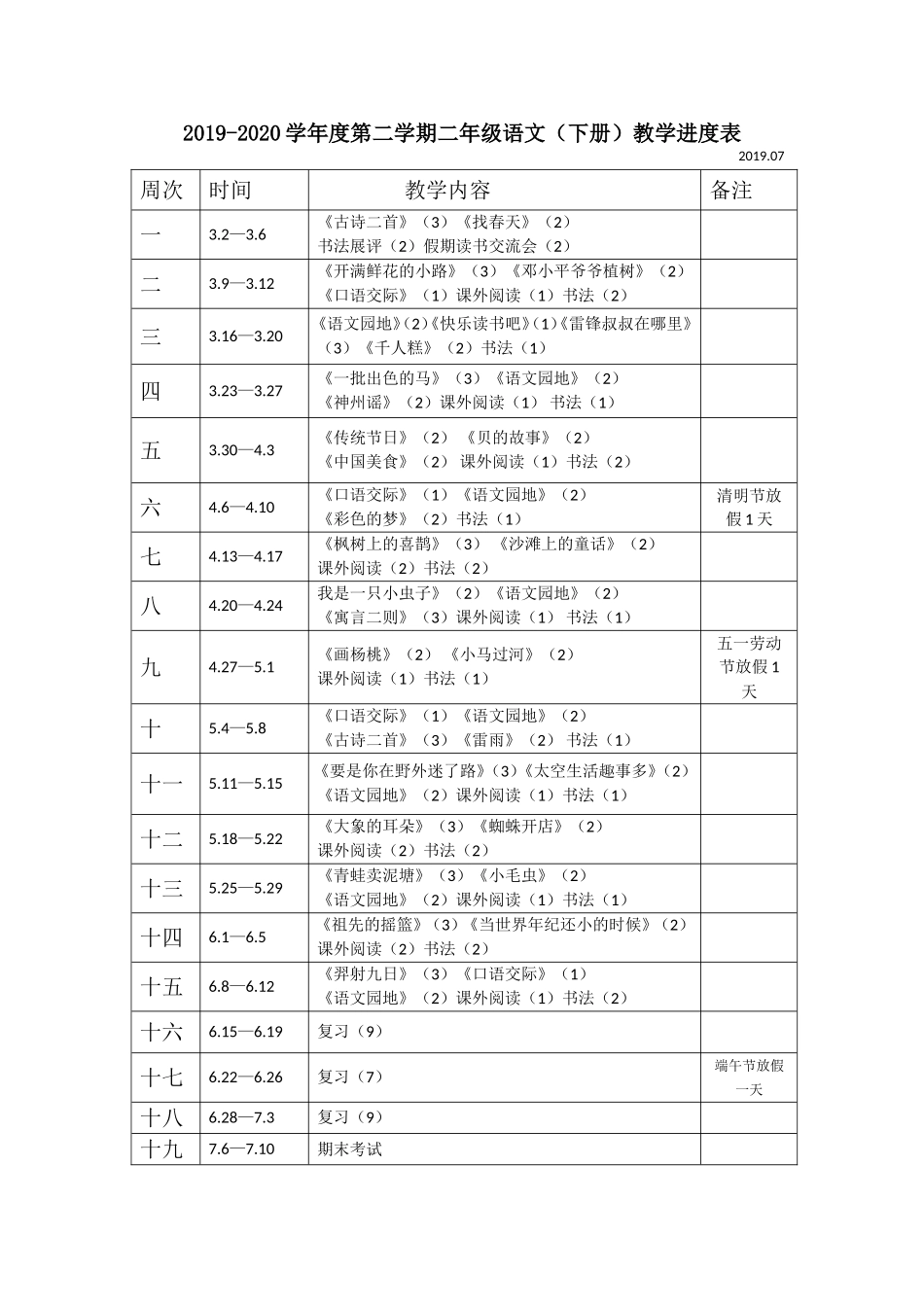 二下语教学进度表.doc_第1页